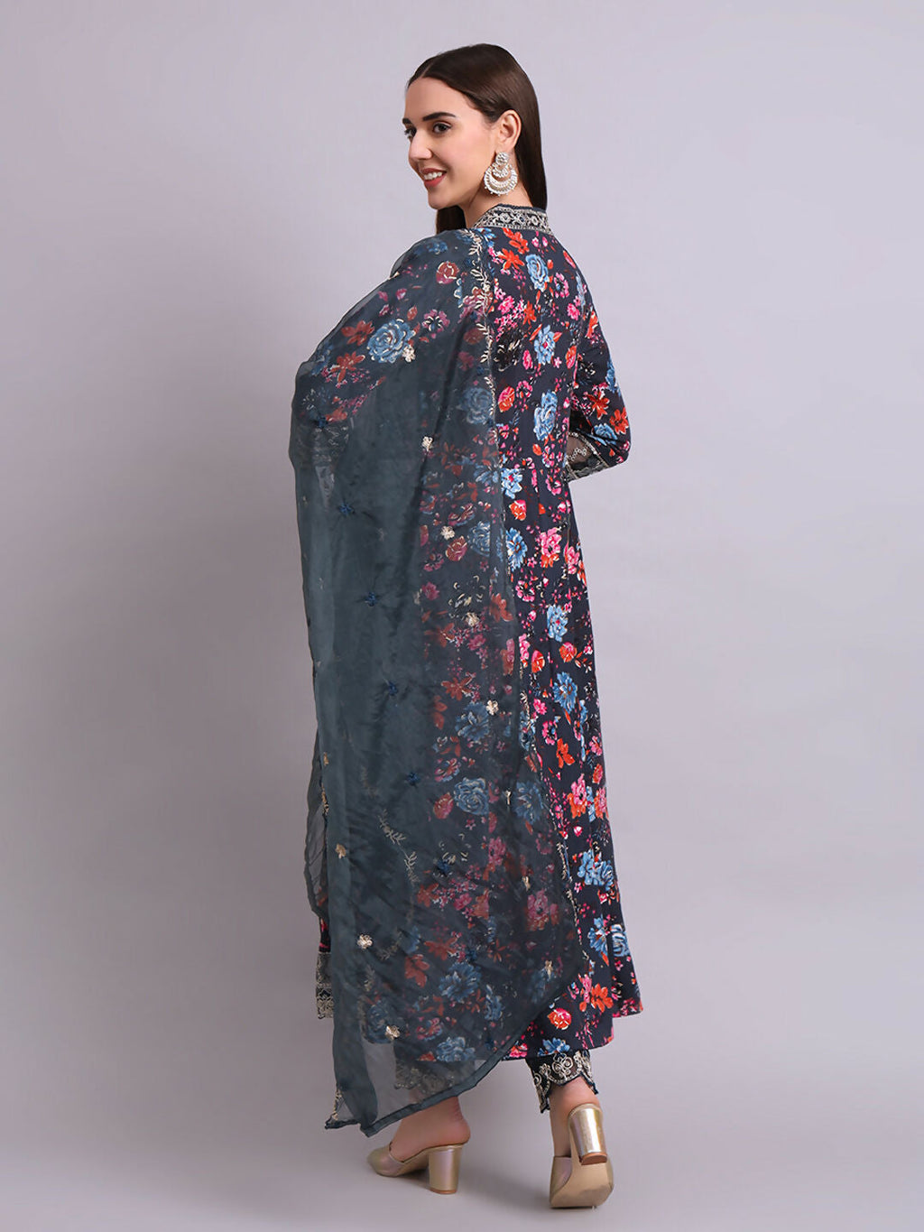 Joban Fashion Black Cotton Floral Printed & Embroidery Work Anarkali Kurta With Trousers & Dupatta Set | Grocsy