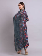 Joban Fashion Black Cotton Floral Printed & Embroidery Work Anarkali Kurta With Trousers & Dupatta Set | Grocsy