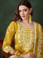 Sangria Mustard Yellow Floral Embroidered Thread Work Kurta & Trouser With Dupatta | Grocsy