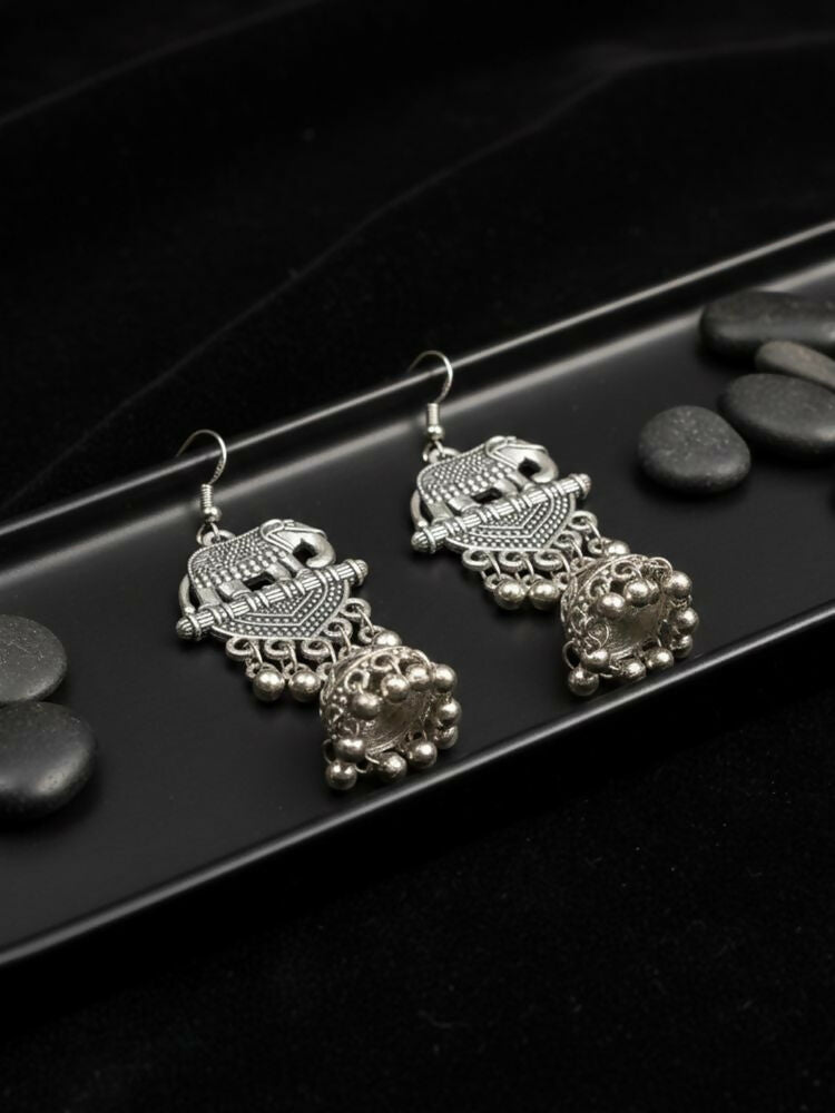NVR Women Elephant Design German Silver Oxidised Jhumka Earrings | Grocsy