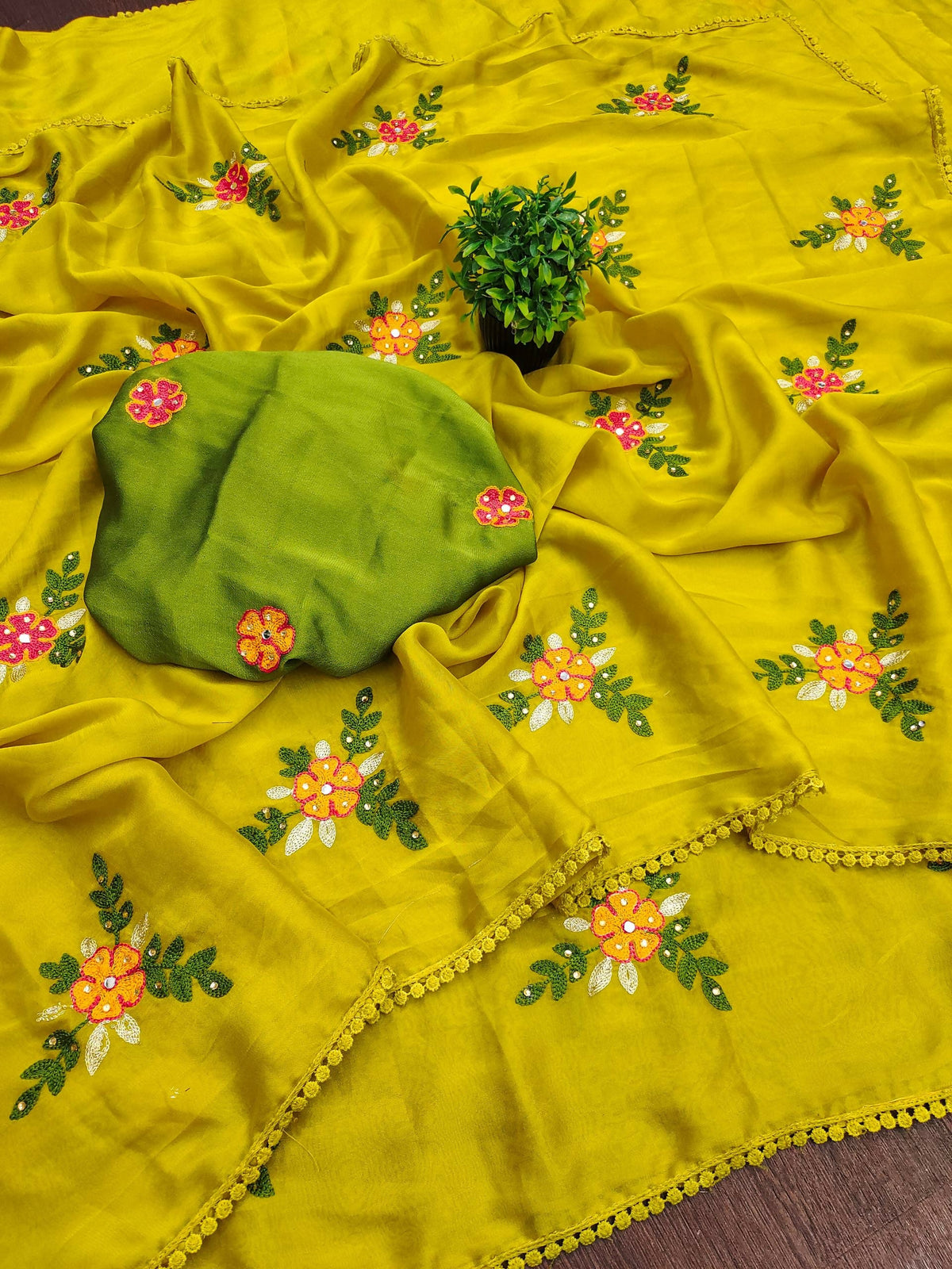 Teeya Creation Yellow Rangoli Silk Embroidery Work Party Wear Designer Saree | Grocsy