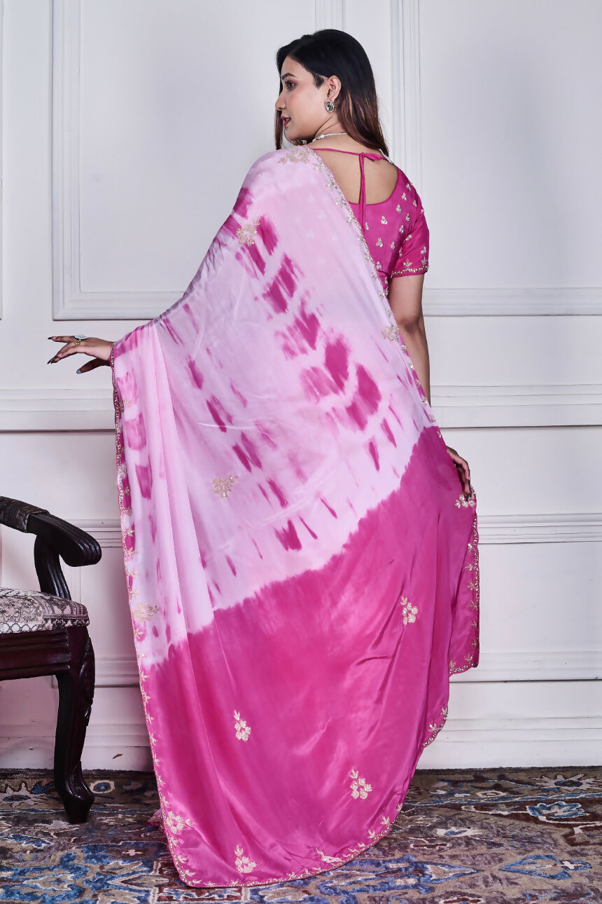 Morchari Pink Crepe Hand Embroidery Saree And Stitched Blouse | Grocsy