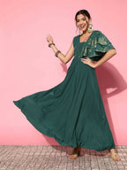 Ahalyaa Gorgeous Green Ethnic Motifs Ruffled Dress | Grocsy