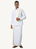 Ramraj Cotton Mens Wedding White Regular Dhoti, Shirt & Towel Set Subhakalyan 1/2" | Grocsy