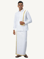 Ramraj Cotton Mens Wedding White Regular Dhoti, Shirt & Towel Set Subhakalyan 1/2" | Grocsy