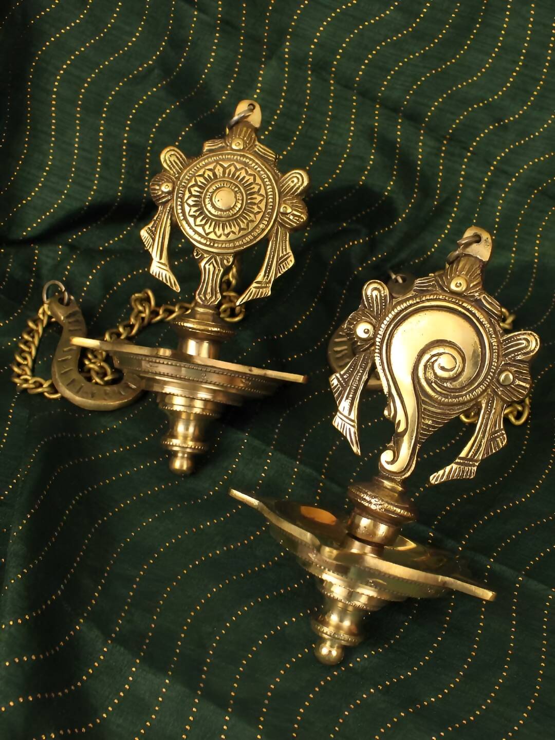 Spillbox Gold-Toned 2 Pieces Brass Shangu Chakra Diyas Wall Hanging Pooja Essentials | Grocsy