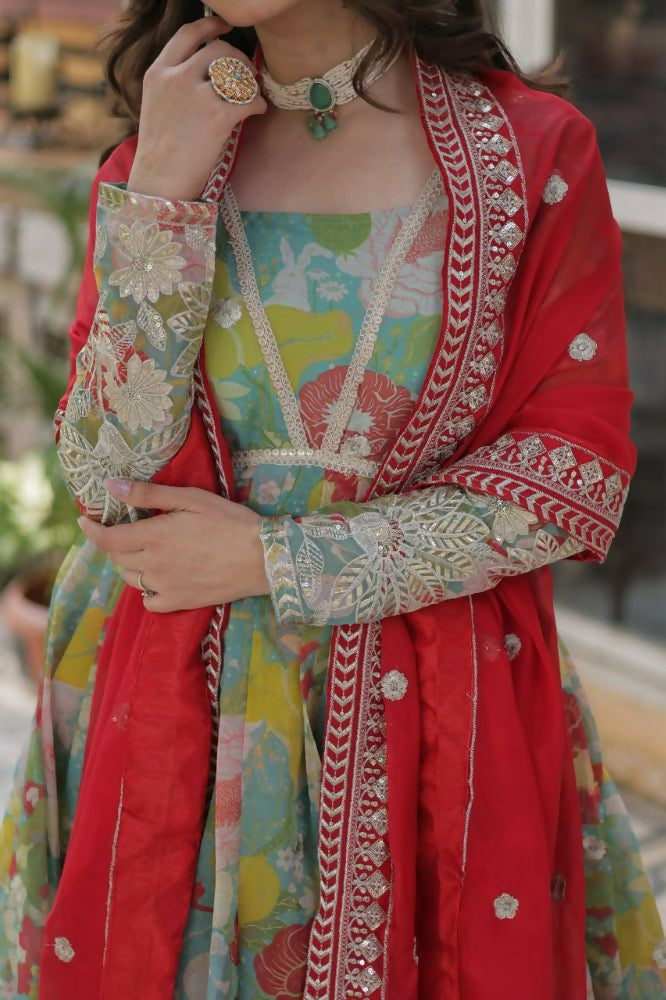 Vastranavya Multicolor Russian Silk Foil Embroidery with Zari Sequins & Digital Printed Gown Dupatta | Grocsy