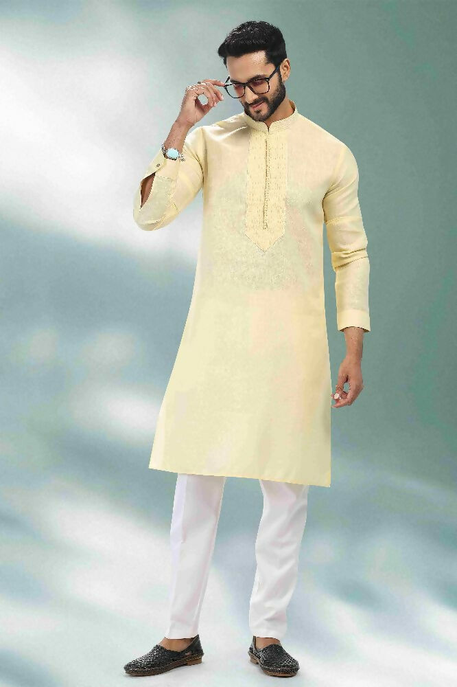 Raivat Ethnic Linen Cotton Pintux Work Kurta Pajama In Yellow Colour | Grocsy
