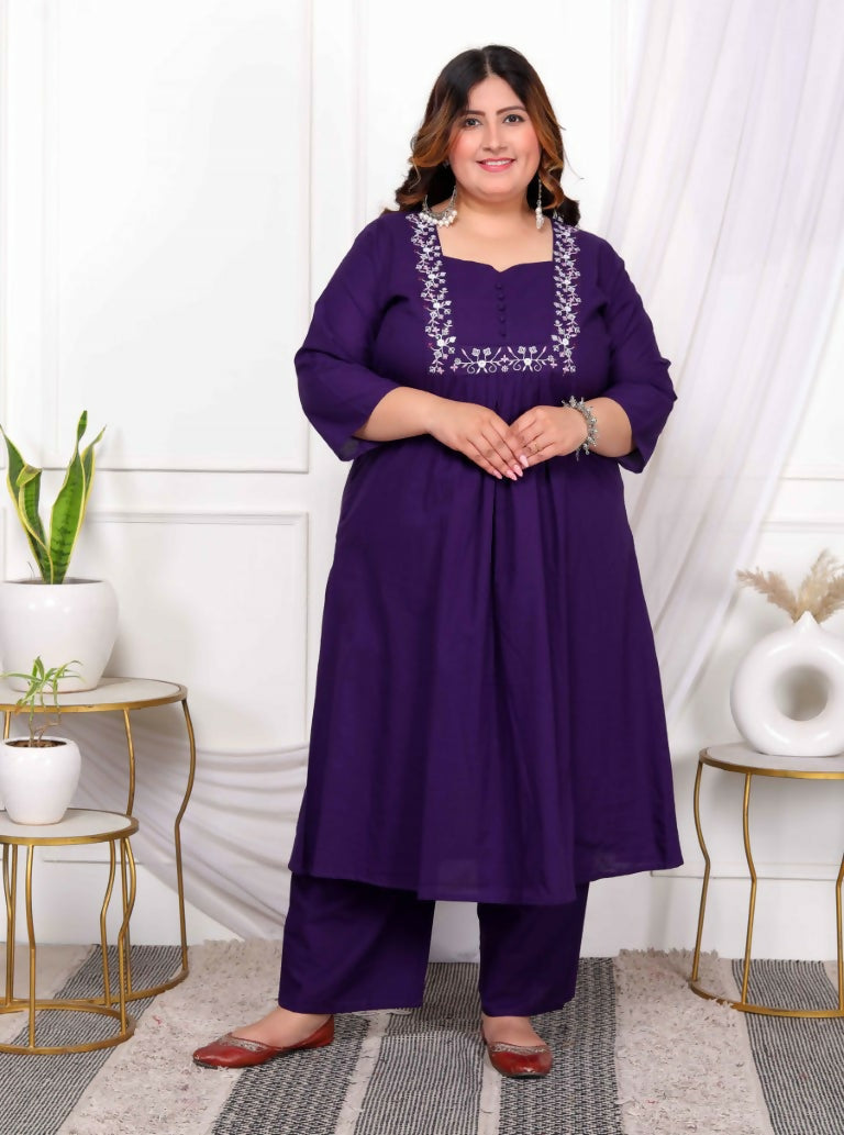 Miravan Women's Plus Size Purple Embroidered Sweetheart Neck & Accordion Pleated Solid A-Line Kurta And Palazzo Set | Grocsy