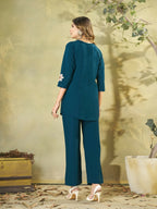 Teeya Creation Women Teal Blue Embroidered Tunic & Pant Co-Ord Set | Grocsy