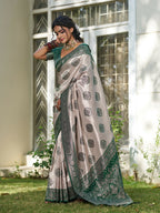 Shree Shyam Fashion Cream With Dark Green Silk Blend Saree | Grocsy