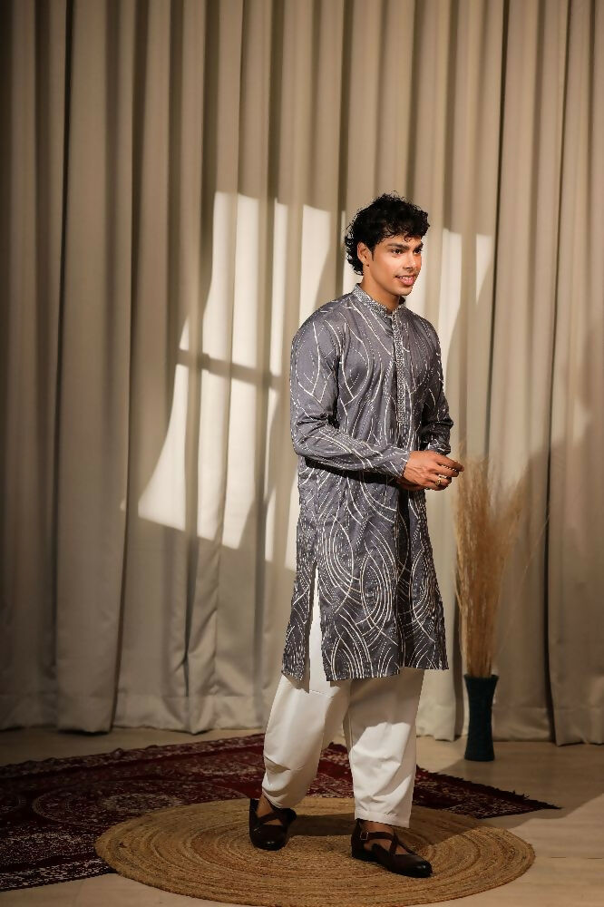 Bluish Grey Viscose Designer Embroidery Work Kurta Set - Mahotsav | Grocsy