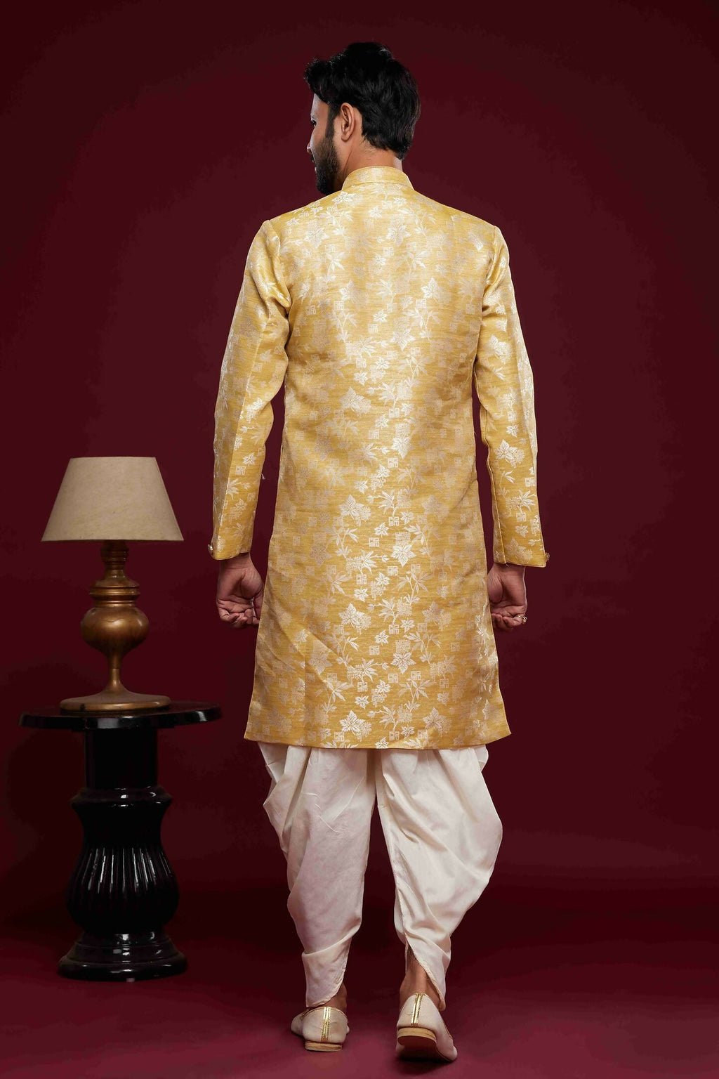 Raivat Ethnic Banarasi Jacquard Embroidery Semi Indo Western Sherwani In Cream Beige Colour | Grocsy