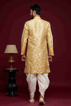 Raivat Ethnic Banarasi Jacquard Embroidery Semi Indo Western Sherwani In Cream Beige Colour | Grocsy