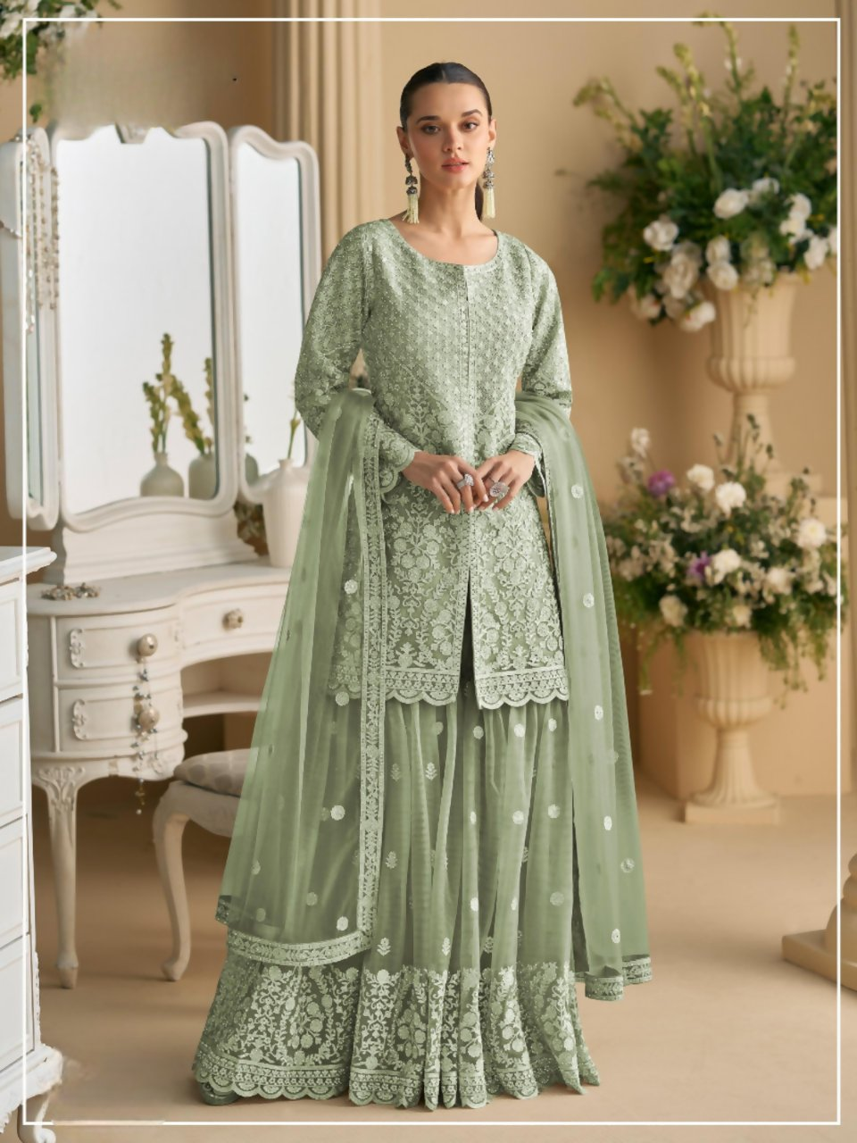 Anaita Green Heavy Net Readymade Suit with Embroidery & Sequence Work | Grocsy