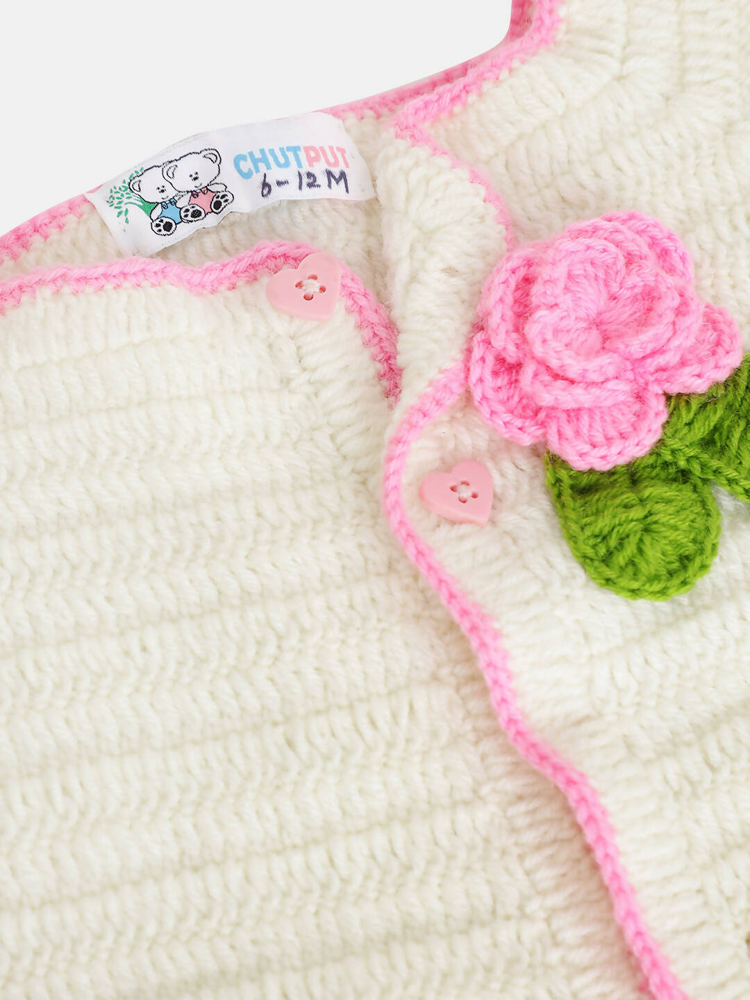 Chutput Kids Woollen Hand Knitted Full Sleeves Cardigan With Short Sleeves Flower Work Dress For Baby Girls - Cream | Grocsy