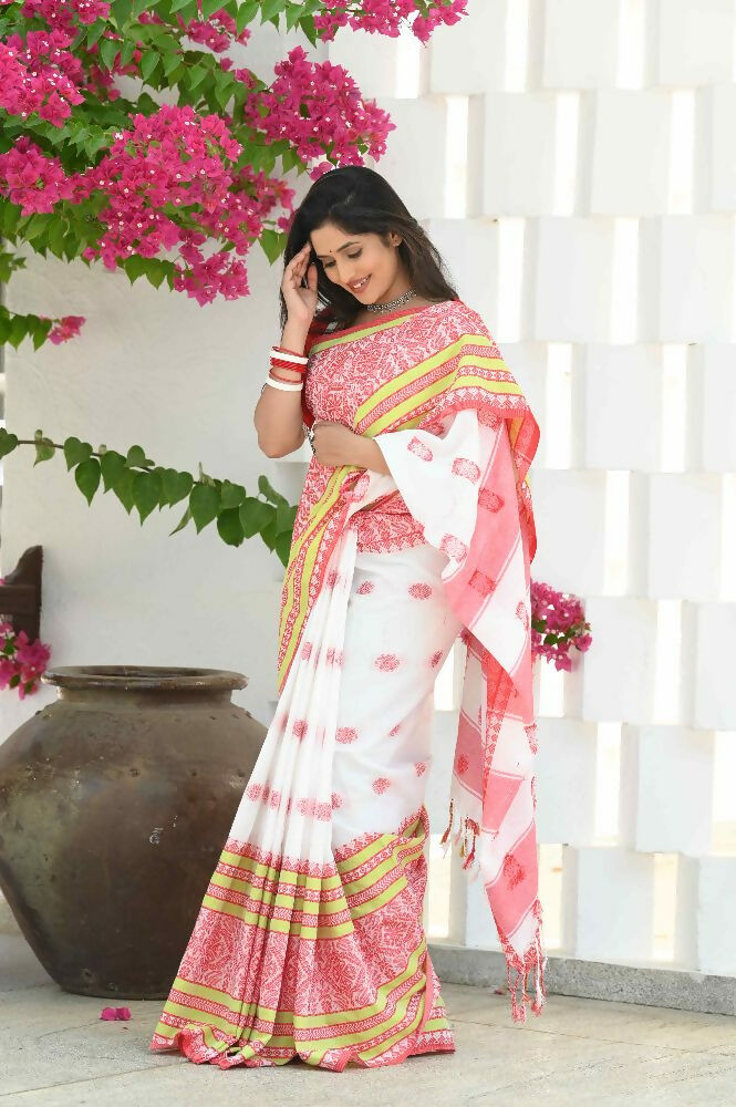 Beatitude White Cotton Handloom Jamdani Saree | Grocsy