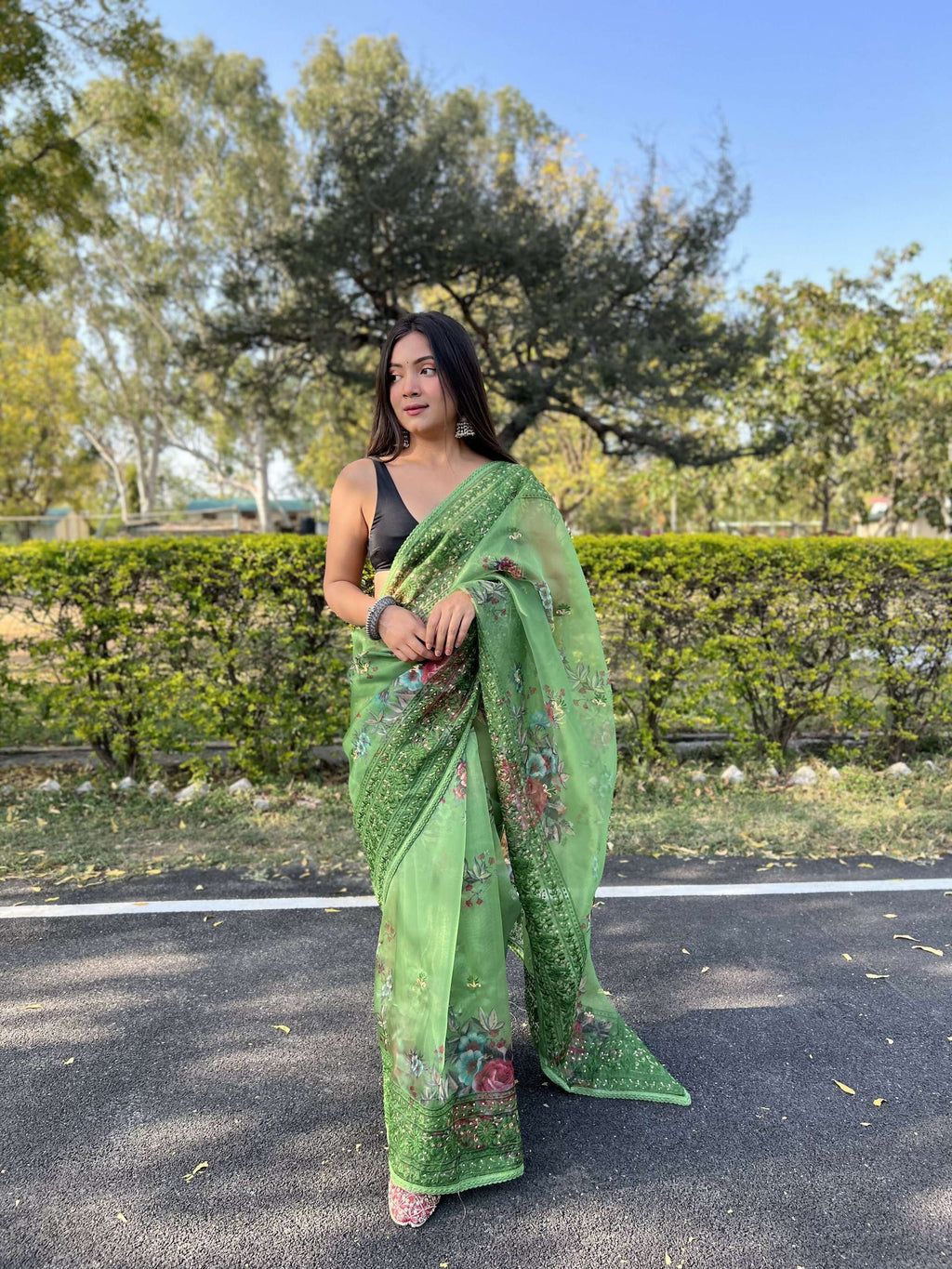 Vamsee Vidhi 1 Green Organza Saree | Grocsy