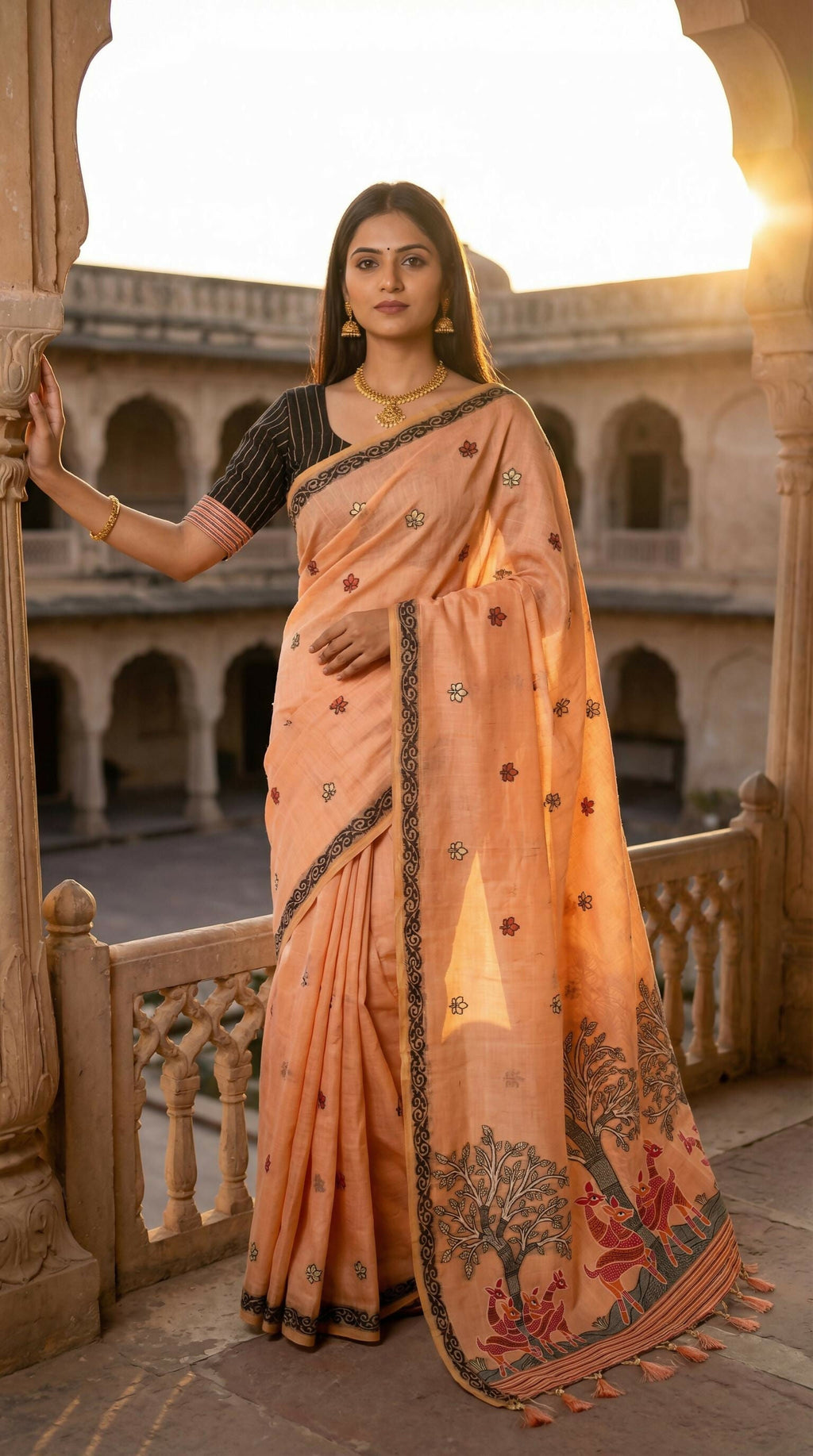 Vastranavya Peach Muga Cotton Meenakari & Azarakh Pallu Saree with Contrast Blouse | Grocsy