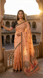 Vastranavya Peach Muga Cotton Meenakari & Azarakh Pallu Saree with Contrast Blouse | Grocsy