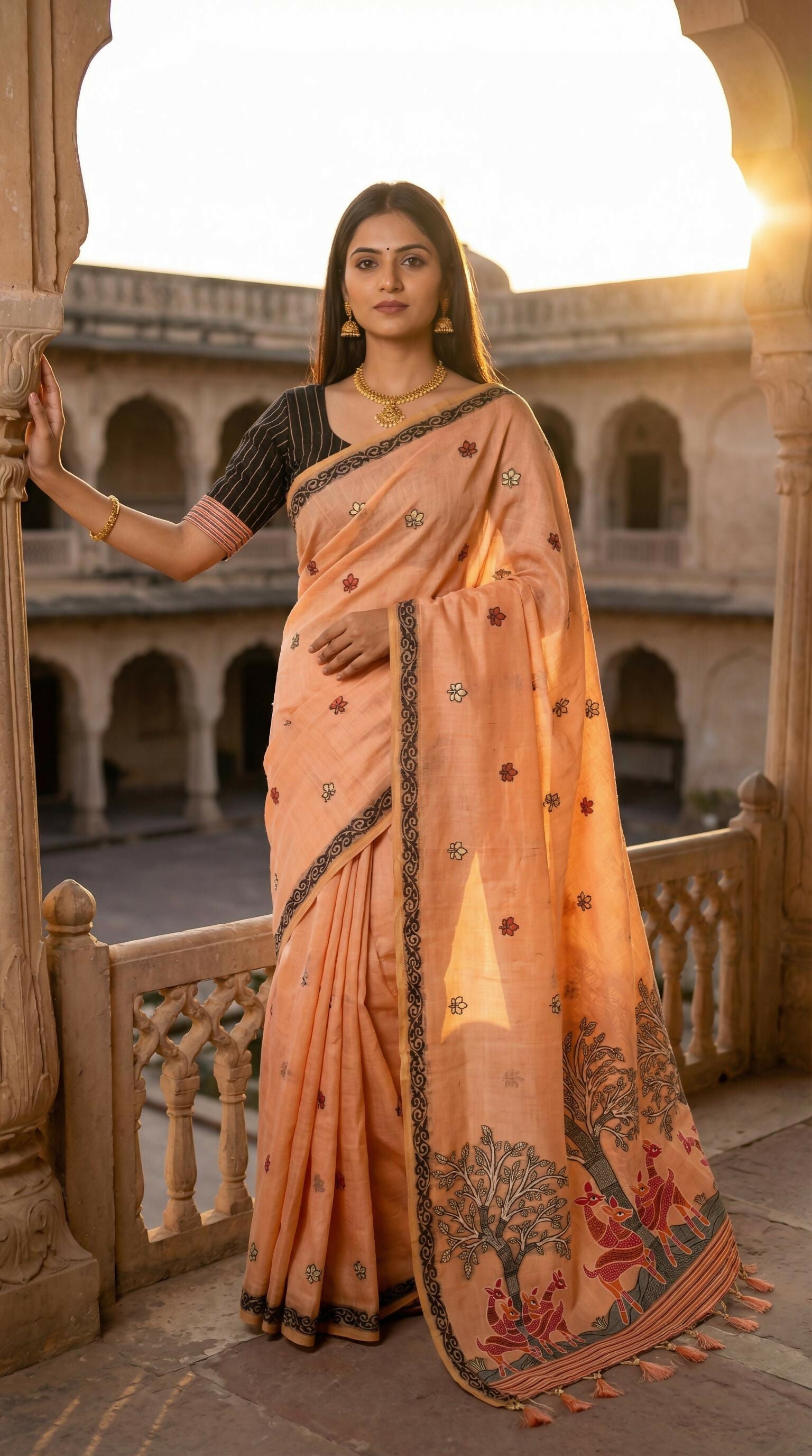Vastranavya Peach Muga Cotton Meenakari & Azarakh Pallu Saree with Contrast Blouse | Grocsy