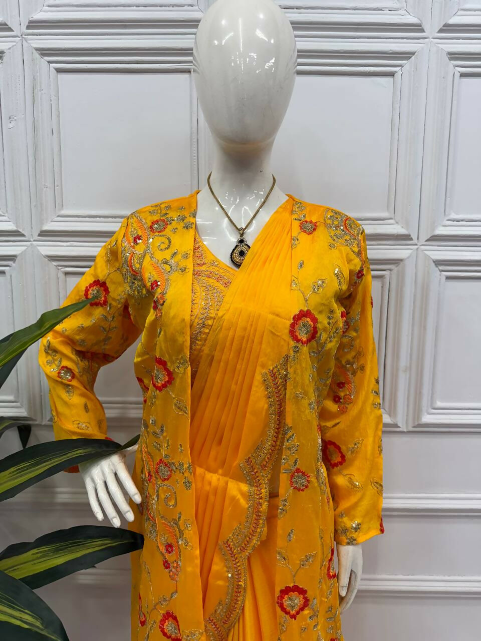 Teeya Creation Yellow Color Chinon Silk Designer Embroidery Work Ready To Wear Saree With Koti | Grocsy