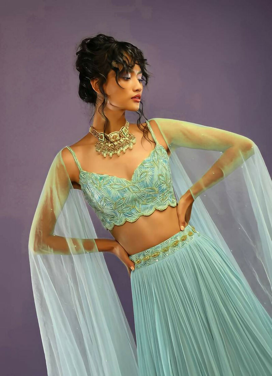 Jyoti Fashion Glamorous Turquoise Crush Work, Sequins, Zari with Dori Embroidered Faux Georgette Lehenga Choli with Dupatta | Grocsy