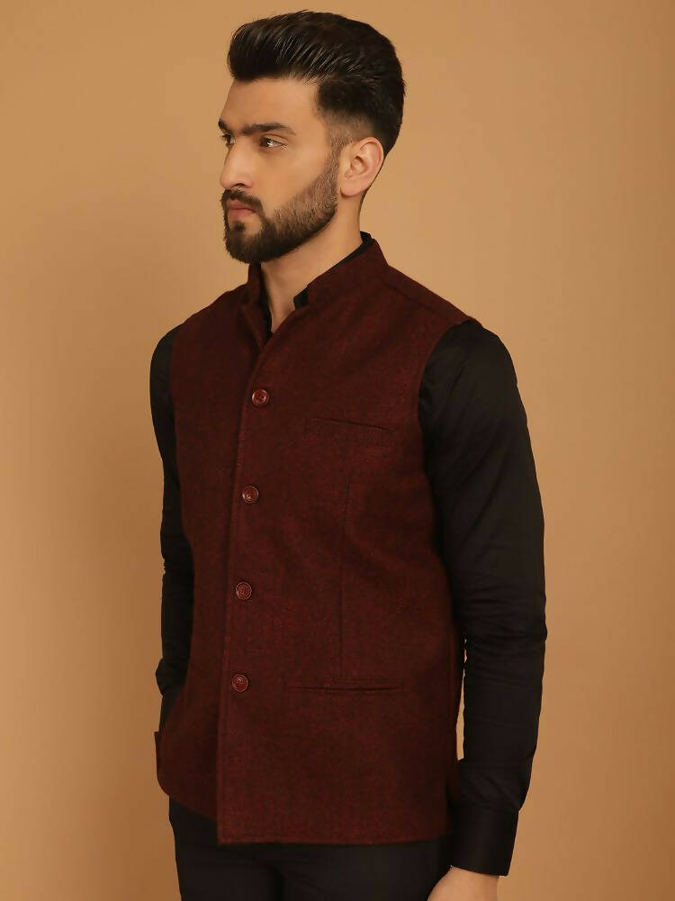 Even Apparels Pure Wool Nehru Jacket - Maroon | Grocsy