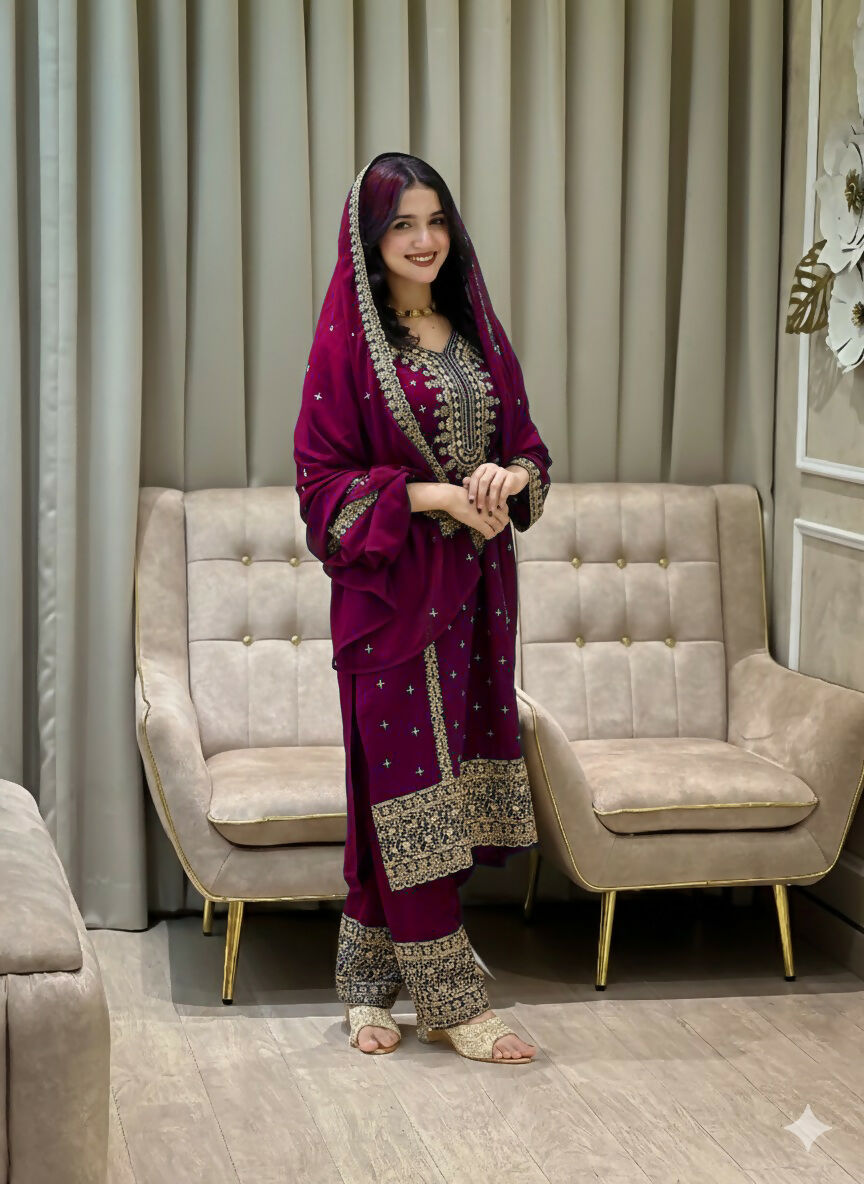 Teeya Creation Wine Color Faux Georgette Embroidery Work Party Wear Salwar Suit | Grocsy