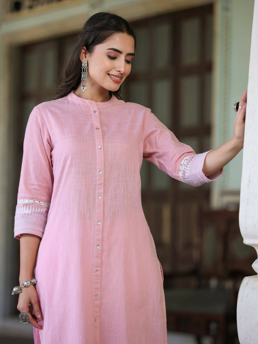 Juniper Women's Pink Cotton Slub Embroidered Straight Kurta | Grocsy