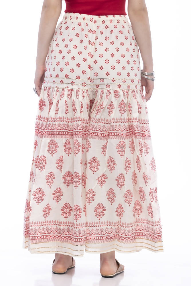 Mominos Fashion Cotton Block Print With Lace Work Off White Red Color Prints Palazzo | Grocsy