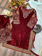 Vastranavya Maroon Viscose Velvet Cording Sequence Embroidery Work Suit With Dupatta | Grocsy
