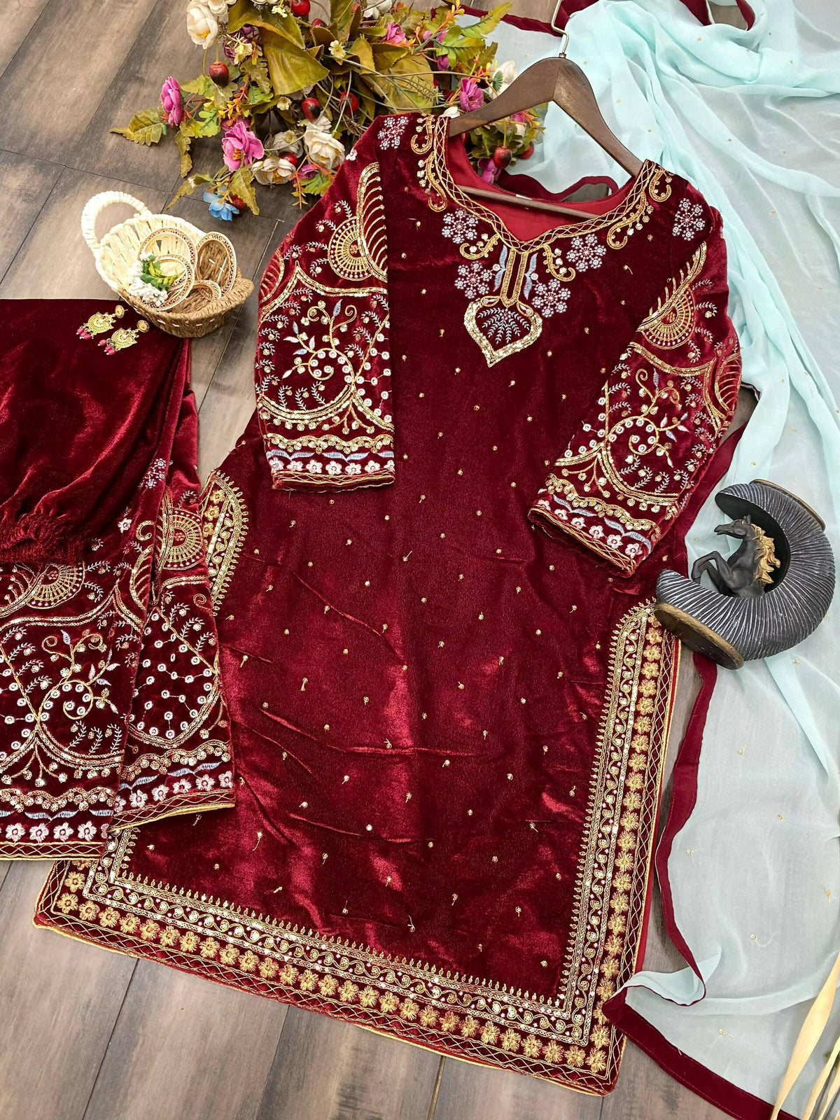 Vastranavya Maroon Viscose Velvet Cording Sequence Embroidery Work Suit With Dupatta | Grocsy
