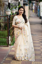 Cream Pure Linen Ethnic Motifs Saree with Unstitched Blouse - Hiral Fashion | Grocsy