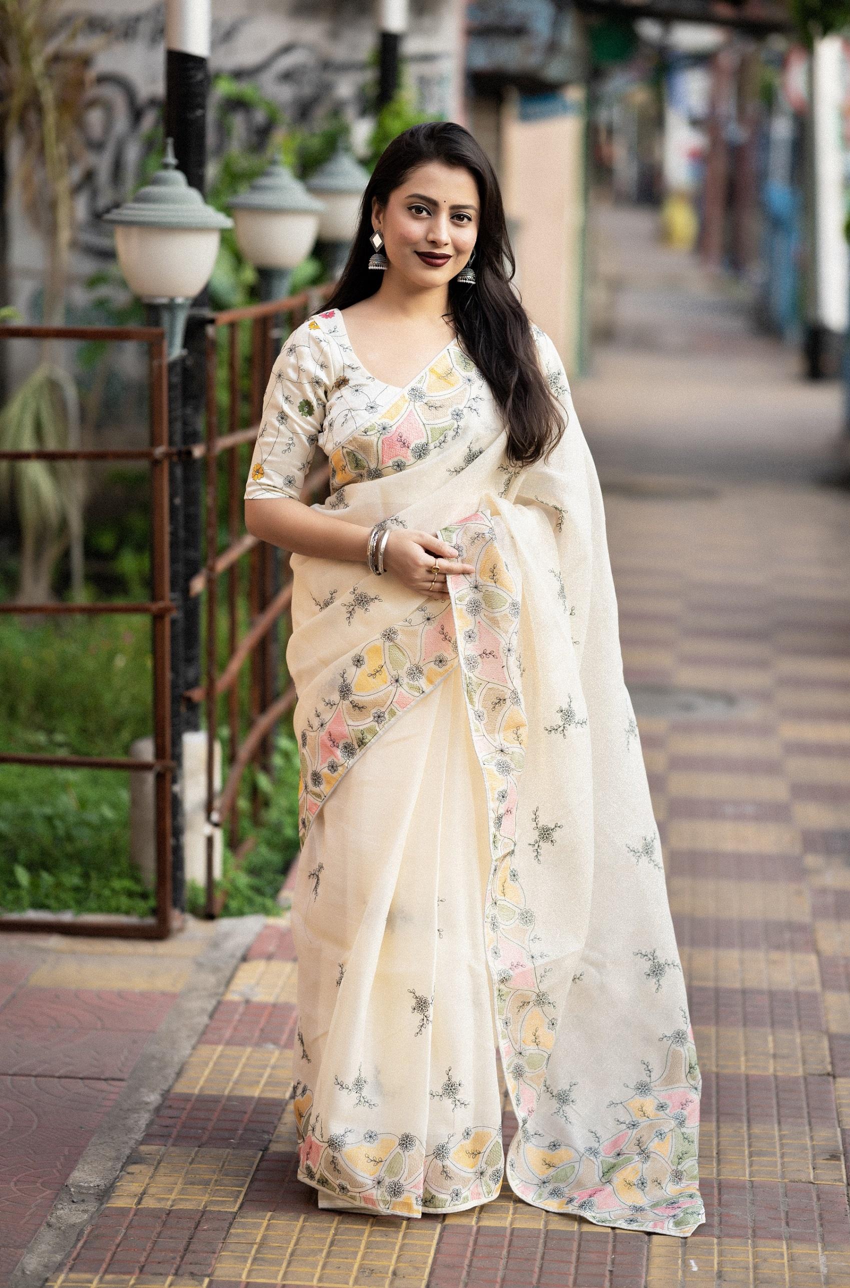 Cream Pure Linen Ethnic Motifs Saree with Unstitched Blouse - Hiral Fashion | Grocsy