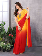 Partywear Designer Yellow & Red Georgette Fancy Saree - Satrangi | Grocsy