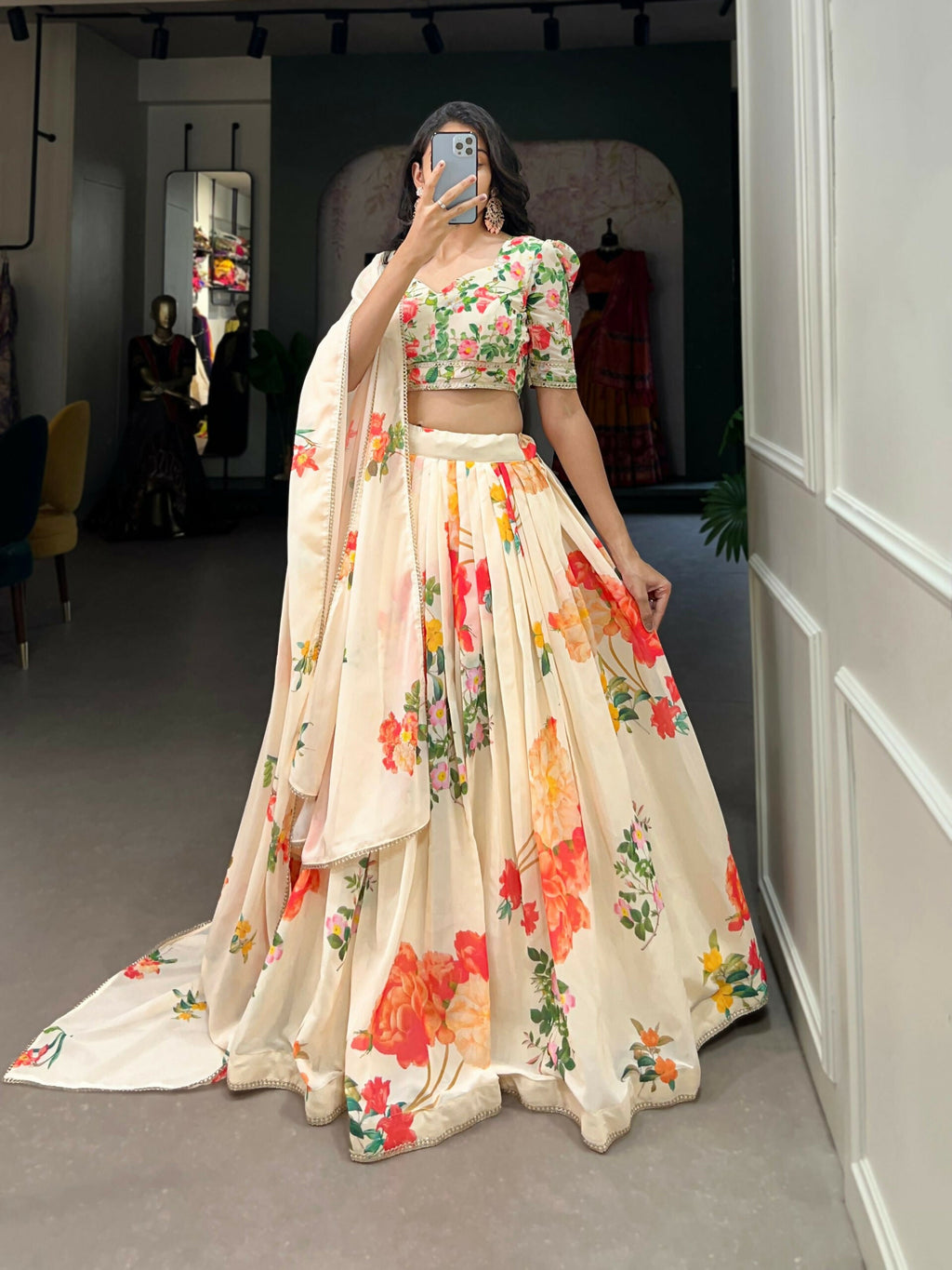 Vastranavya Floral Printed Georgette Lehenga Set With Thread Work Unstitched Choli - Cream | Grocsy