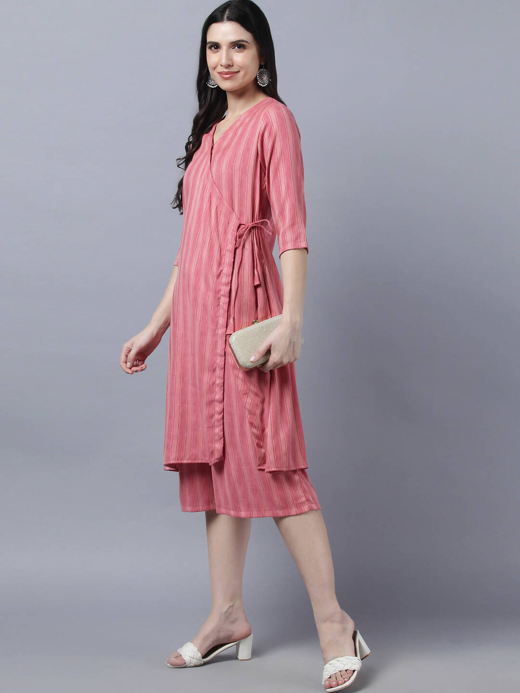 Myshka Stylish Pink Cotton 3/4 Sleeve Women's Kurta Palazzo Set | Grocsy