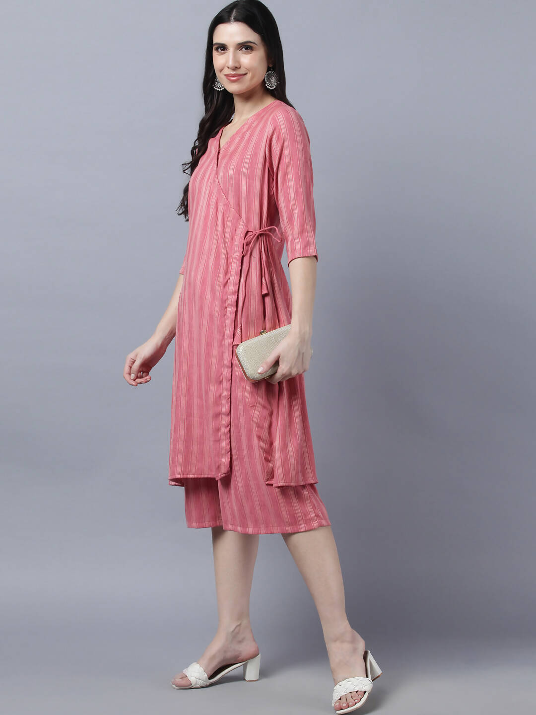Myshka Stylish Pink Cotton 3/4 Sleeve Women's Kurta Palazzo Set | Grocsy