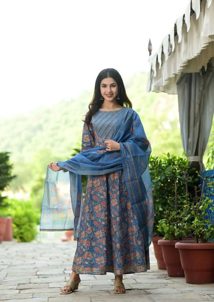 Yufta Women Blue Floral Yoke Design Regular Aari Work Pure Cotton Kurta with Trouser & With Dupatta | Grocsy