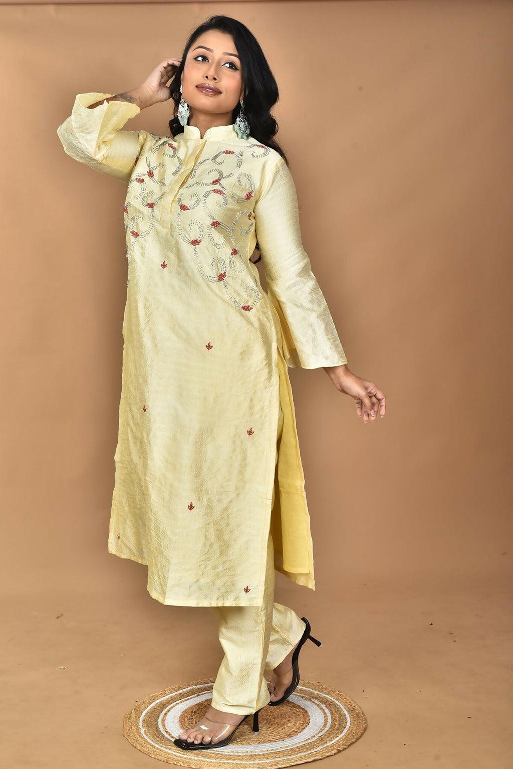 Morchari Women And Hand Embroidery Co-Ord Set-Lemon- Yellow | Grocsy