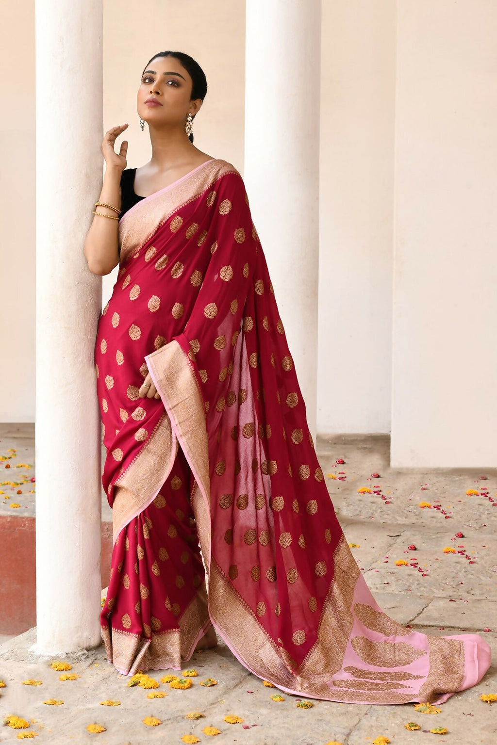 Joban Fashion Red Crepe Chiffon Pure Handloom Banarasi Silk Saree | Grocsy