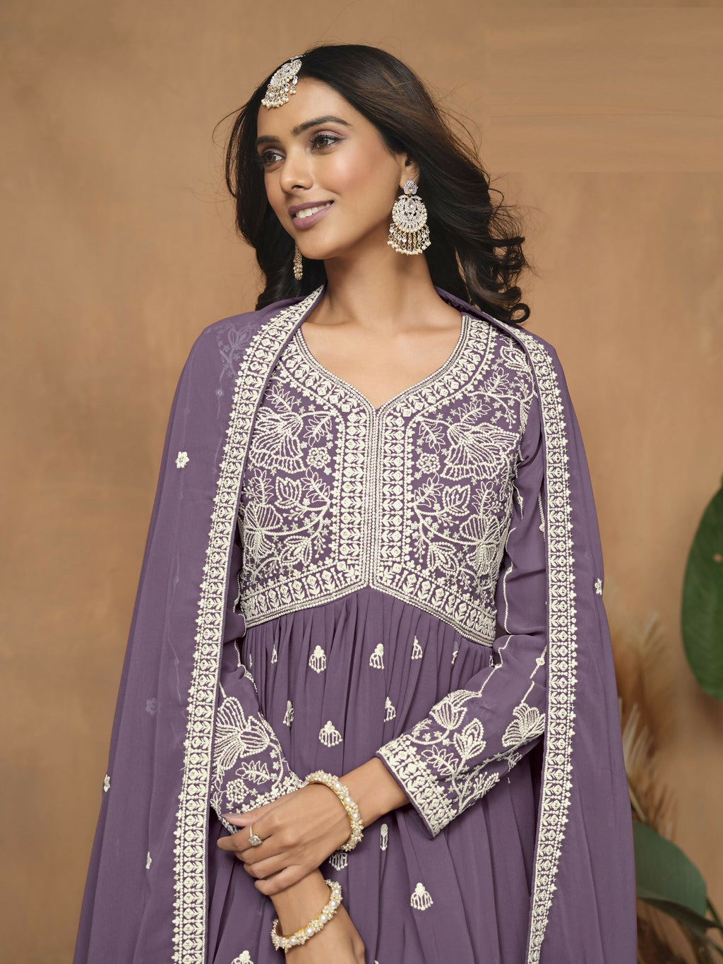 Anaita Lavender Embroidered Faux Georgette Sharara Suit | Grocsy