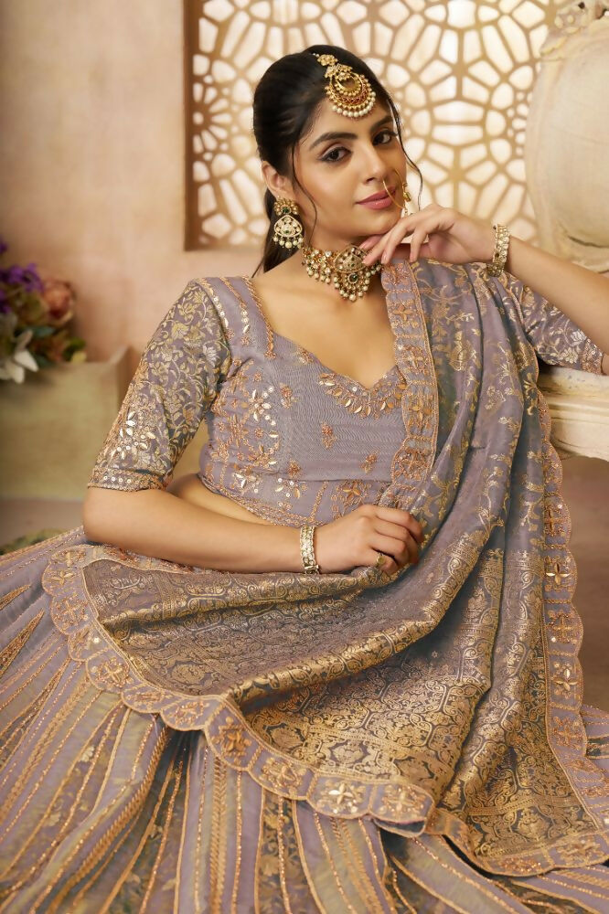 Kesar Fab Dark-Onion-Pink Net Hand_Woven Lehenga | Grocsy