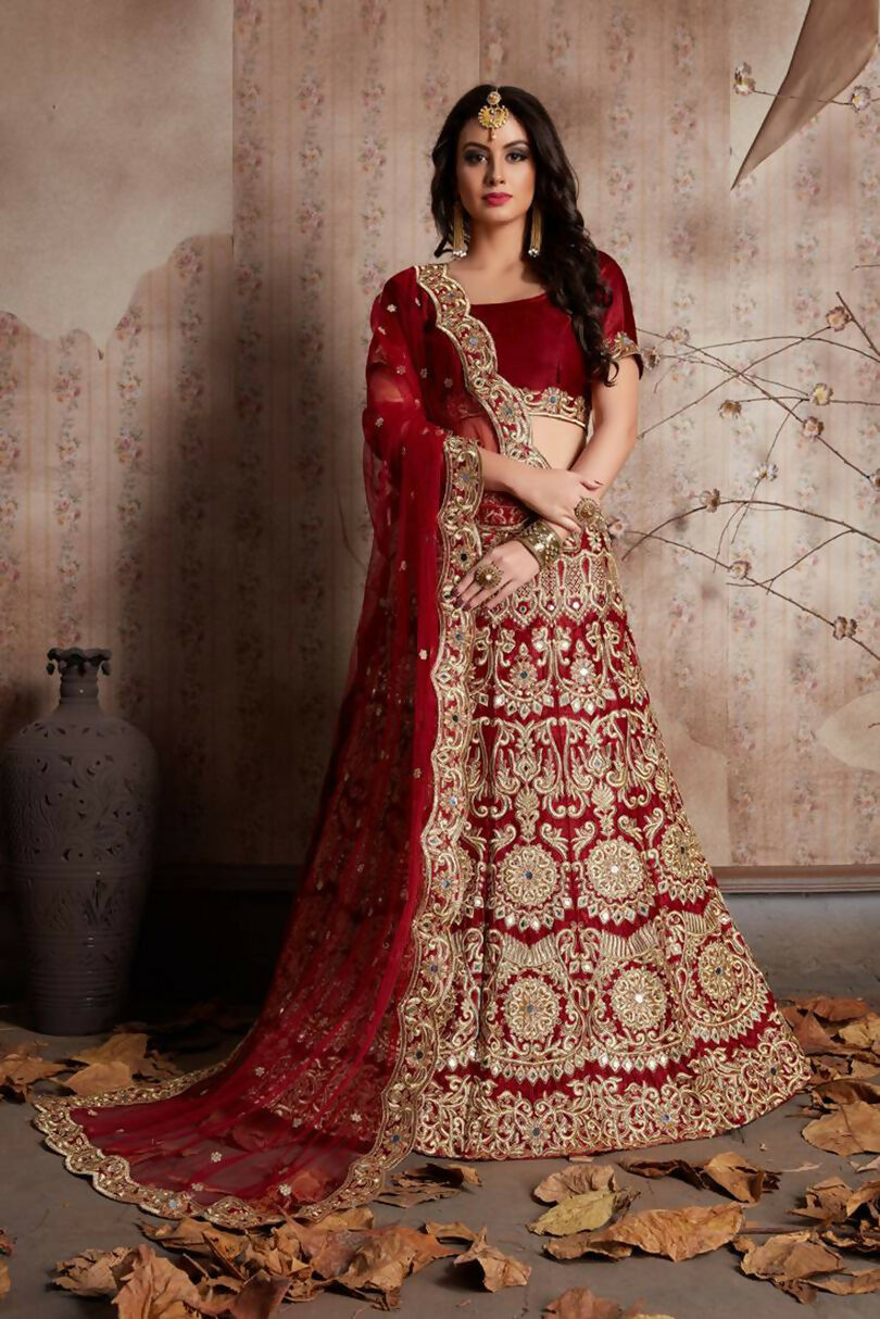 Jyoti Fashion Mesmerizing Red Sequins Embroidered Velvet Lehenga Choli with Dupatta | Grocsy