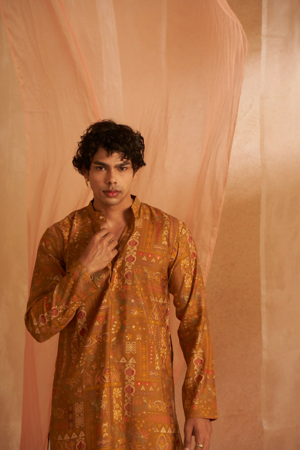 Brownish Yellow Modal Silk Designer Printed Men's Kurta Set - Mahotsav | Grocsy