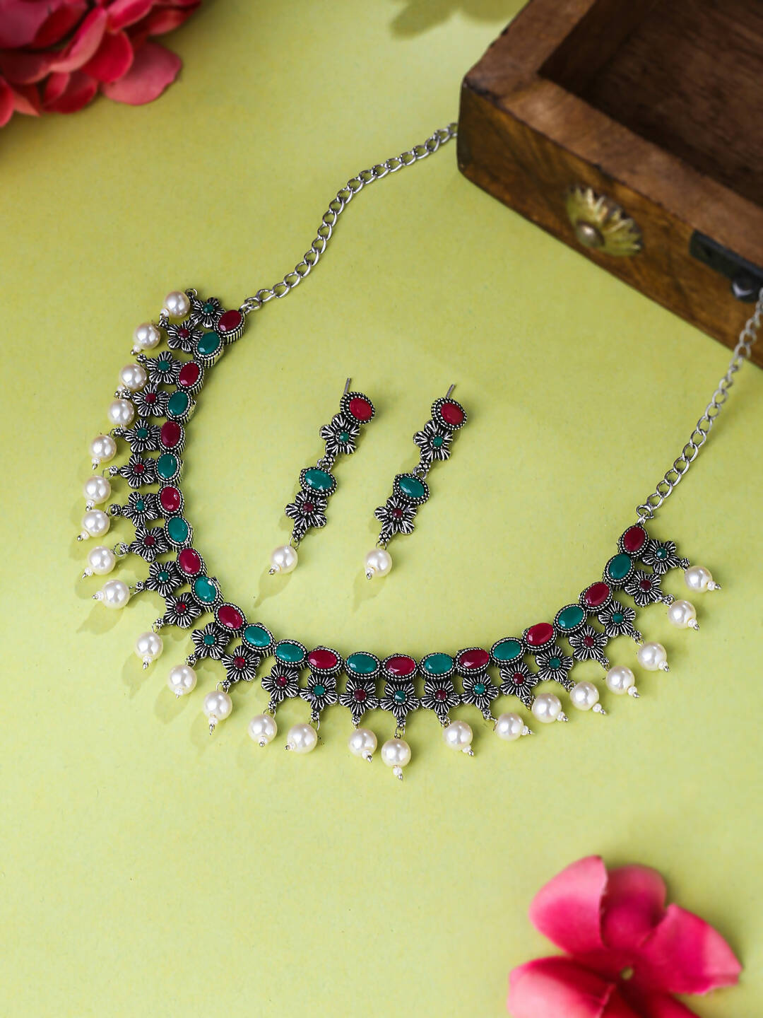 NVR Women Silver-Plated Stone Studded Oxidised Silver Jewellery Set | Grocsy