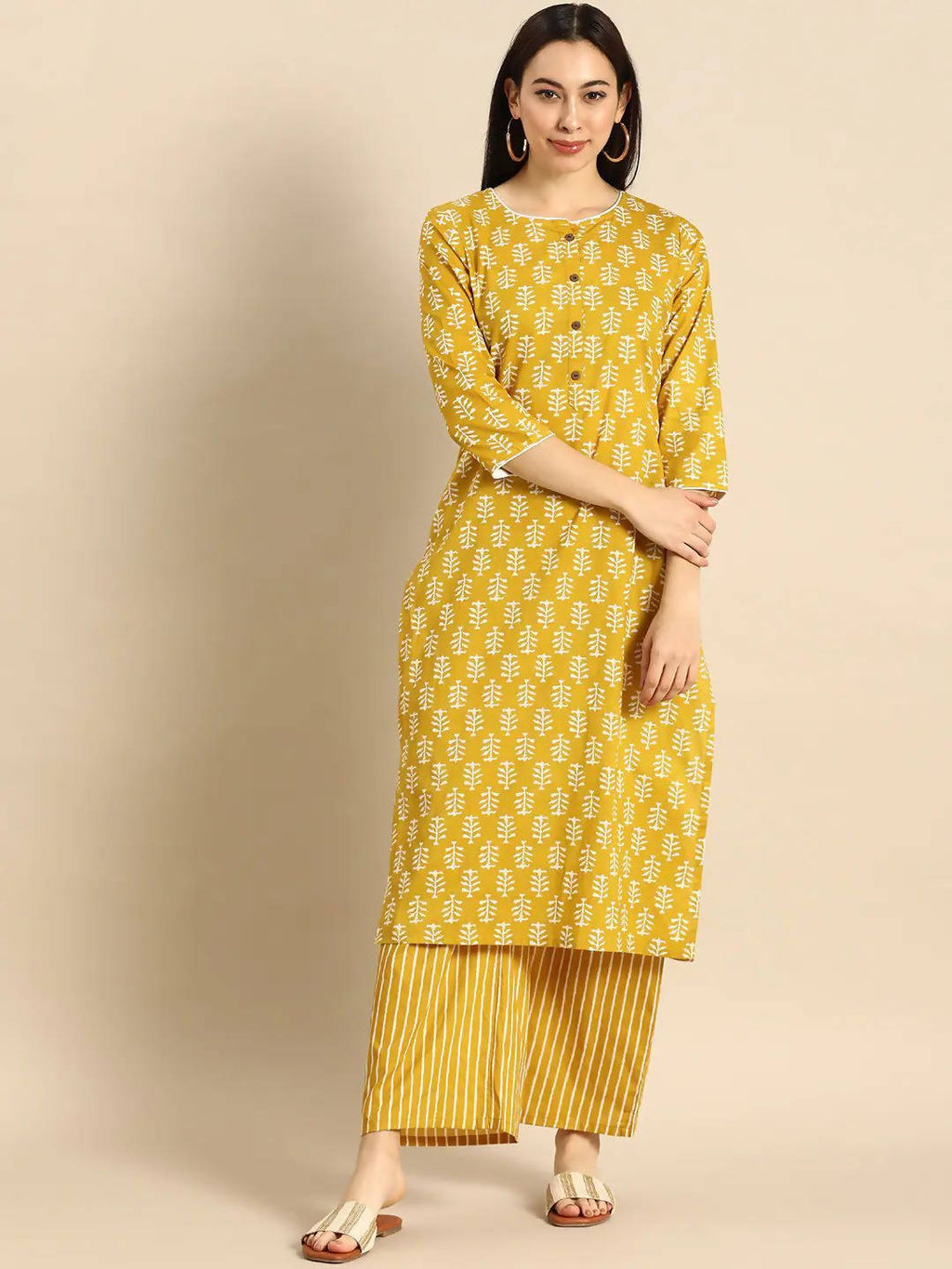 Vamika Printed Cotton Yellow Party Wear/Casual Wear Kurta Set/Suit | Grocsy