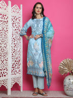 Jyoti Fashion Women's Turquoise Satin Traditional Digital Print with Crystal work Kurta with Trouser & Dupatta | Grocsy
