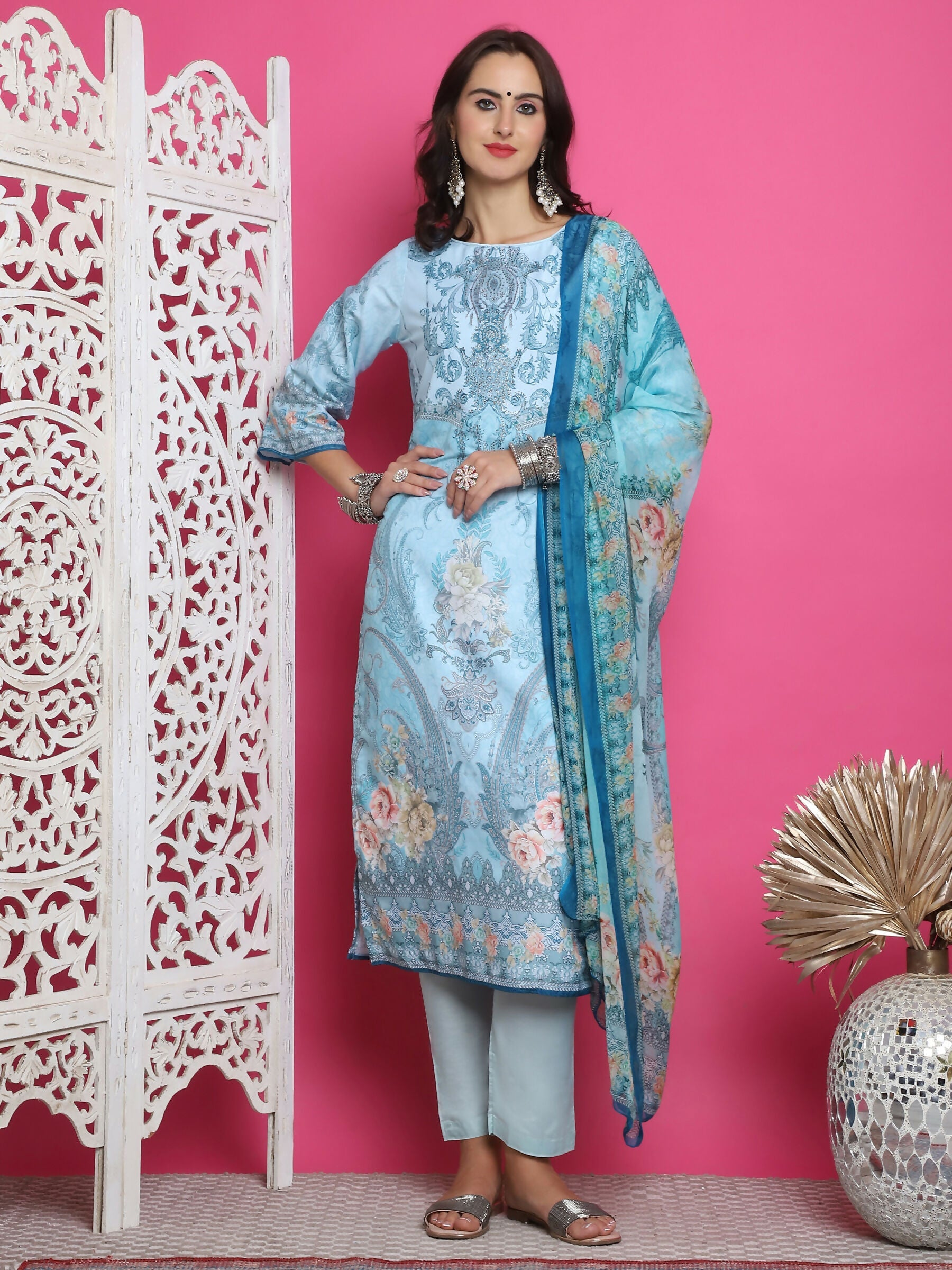 Jyoti Fashion Women's Turquoise Satin Traditional Digital Print with Crystal work Kurta with Trouser & Dupatta | Grocsy